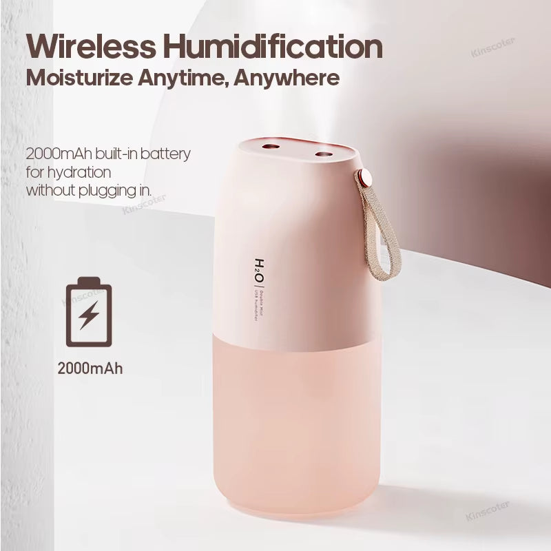 Dual Jet Air Humidifier 300Ml, Ultrasonic Cool Mist Diffuser Replenish Humidity, Portable 2000Mah Air Freshener Purifier