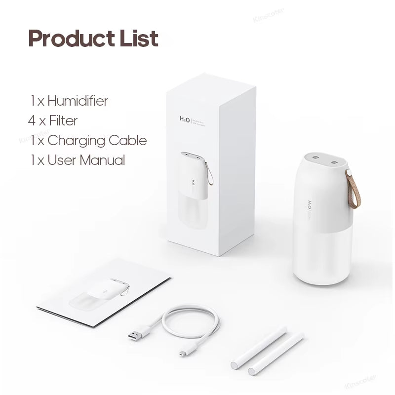 Dual Jet Air Humidifier 300Ml, Ultrasonic Cool Mist Diffuser Replenish Humidity, Portable 2000Mah Air Freshener Purifier