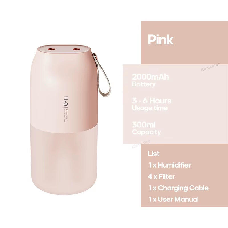 Dual Jet Air Humidifier 300Ml, Ultrasonic Cool Mist Diffuser Replenish Humidity, Portable 2000Mah Air Freshener Purifier
