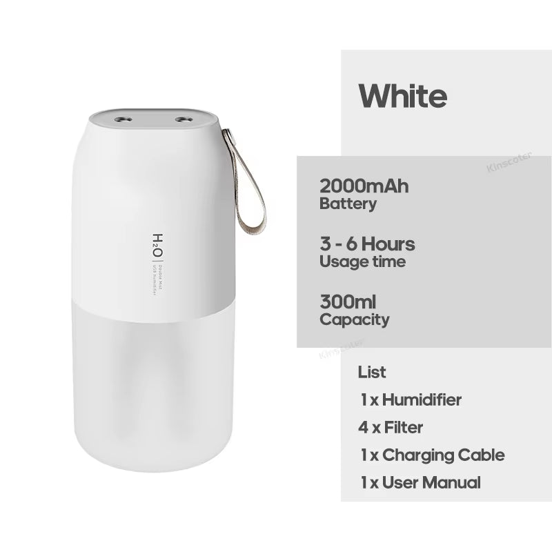 Dual Jet Air Humidifier 300Ml, Ultrasonic Cool Mist Diffuser Replenish Humidity, Portable 2000Mah Air Freshener Purifier